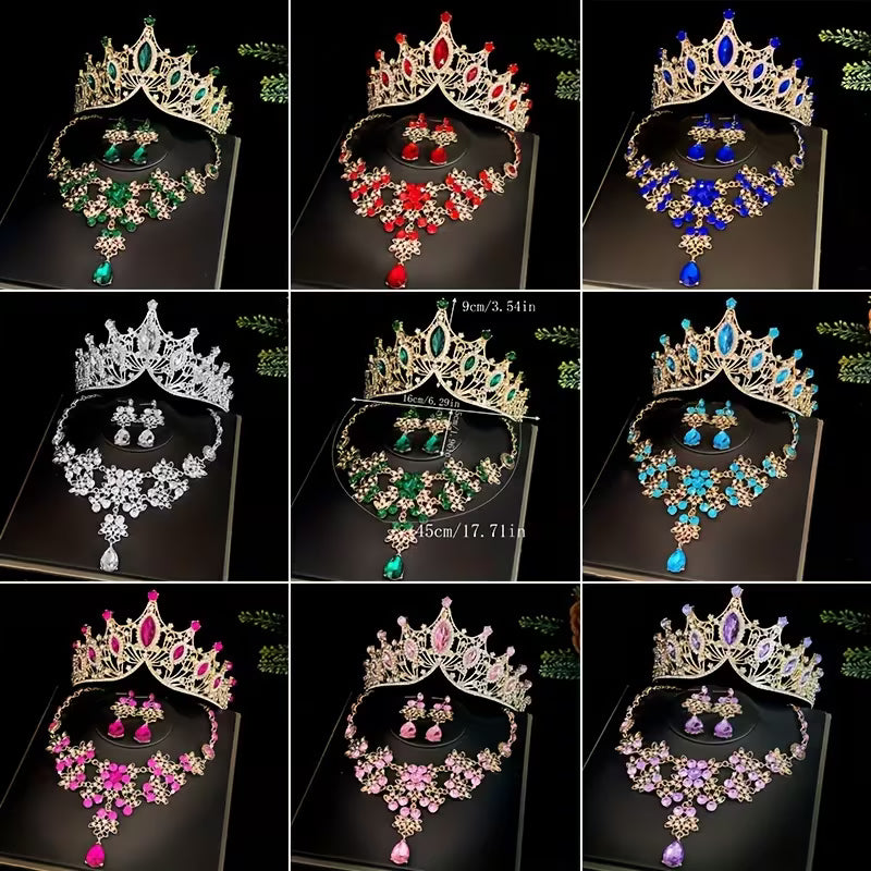 Three-Piece Bridal Crown Set Including a Tiara, Necklace, And Earrings, Perfect for Fairy-Tale Weddings, Photo Shoots, And Parties