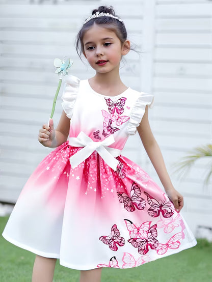 Girls' Fashion Round-neck Flutter-sleeve Ruffle Butterfly Print Princess-style Gradient Butterfly Dress, Suitable for Holidays, Vacations, and the Beach