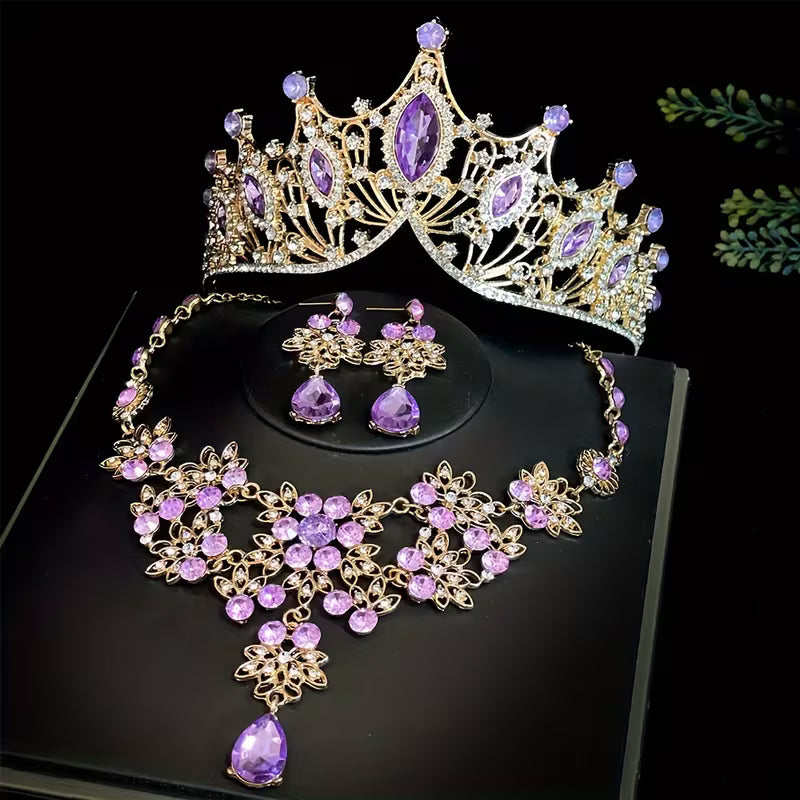 Three-Piece Bridal Crown Set Including a Tiara, Necklace, And Earrings, Perfect for Fairy-Tale Weddings, Photo Shoots, And Parties