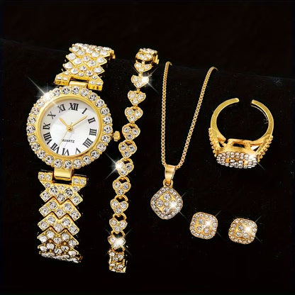 6pcs Set of Elegant Gold-Tone Round Alloy Quartz Watches for Women, a Classic And Versatile Choice