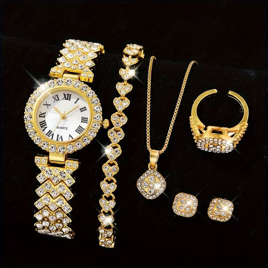 6pcs Set of Elegant Gold-Tone Round Alloy Quartz Watches for Women, a Classic And Versatile Choice
