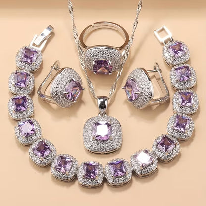 A Newly Designed Square Zirconia Fashion Jewelry Set for Women, Including Earrings, a Necklace with a Pendant, a Bracelet, And an Adjustable Ring Suitable for Various Occasions