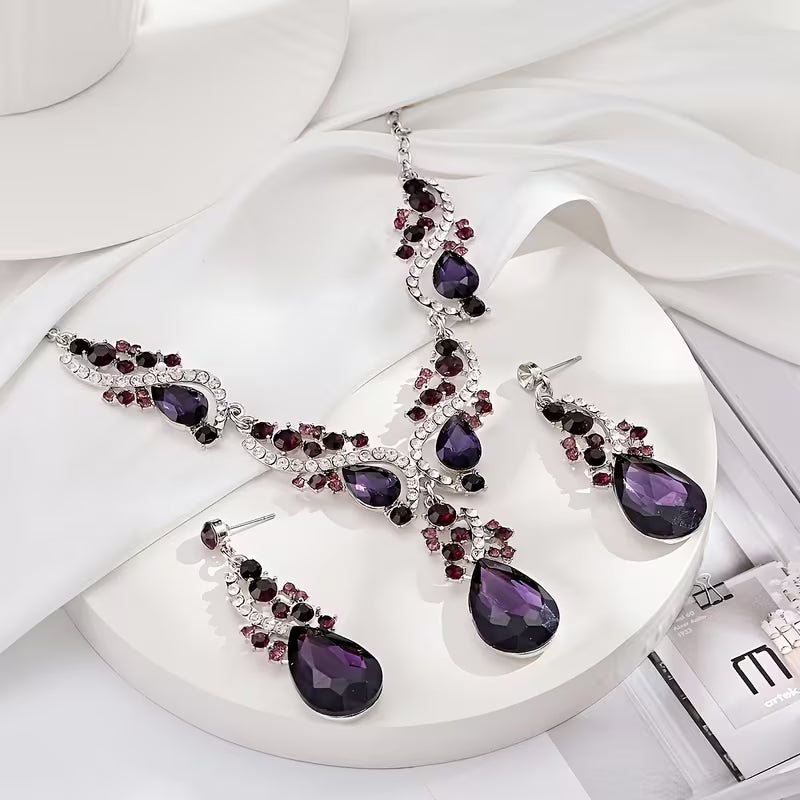 3pcs Set of Light Luxury Emerald Green -encrusted Vintage Alloy Rhinestone Women's Jewelry Set, Suitable for Banquets and Weddings, Ideal for Gifting