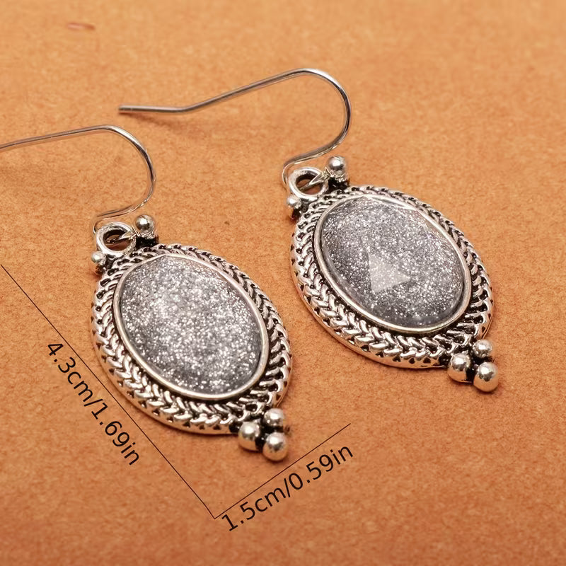 A Pair of Alloy Antique Silvery Plated Light Gray Oval Resin Earrings with Sparkle, Fashion Vintage Earrings