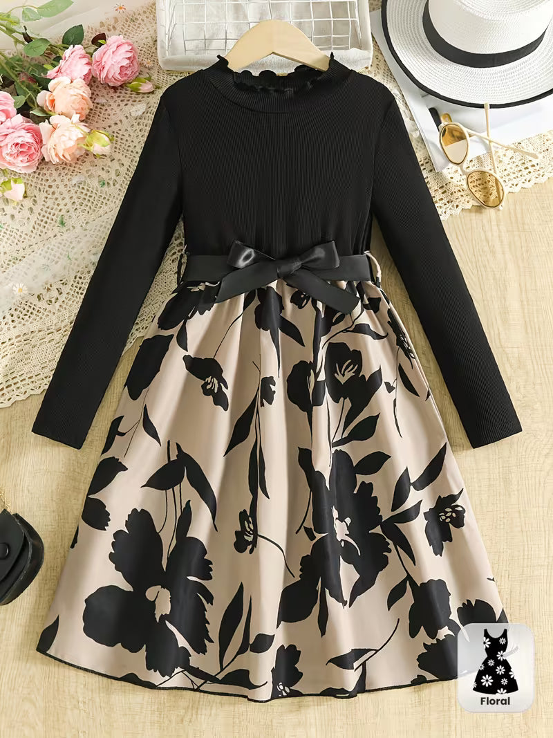 Graceful Girls' Dress - Black Long-Sleeve Top with Floral Print Skirt and Sweet Bow Belt, Perfect for Spring and Autumn Seasons