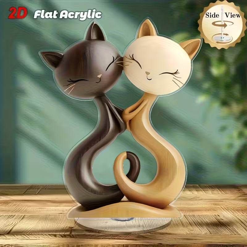 2D Flat, 1pc Rotating Acrylic Tabletop Decor with Smiling Tabby Cat Couple - Black & White Brown Beige Modern Desktop Display, 360° Spin Base Suitable for Home, Office, Farmhouse - Durable / Use, Perfect Gift for Birthdays, Housewarming, Valentine's
