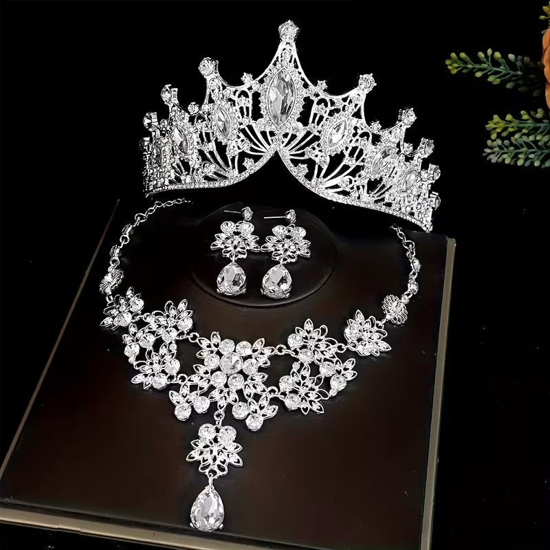 Three-Piece Bridal Crown Set Including a Tiara, Necklace, And Earrings, Perfect for Fairy-Tale Weddings, Photo Shoots, And Parties