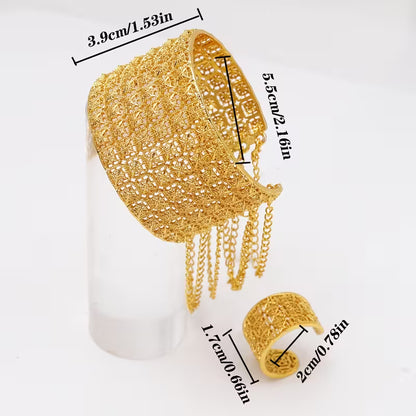 Middle Eastern Fashion Wedding Season Tassel Open Bangles And Ring Set, a Versatile Selection of High-Quality Jewelry for Ladies' Banquets, Weddings, And Festivals in Dubai, Perfect Gifts for Valentine'S Day And Mother'S Day