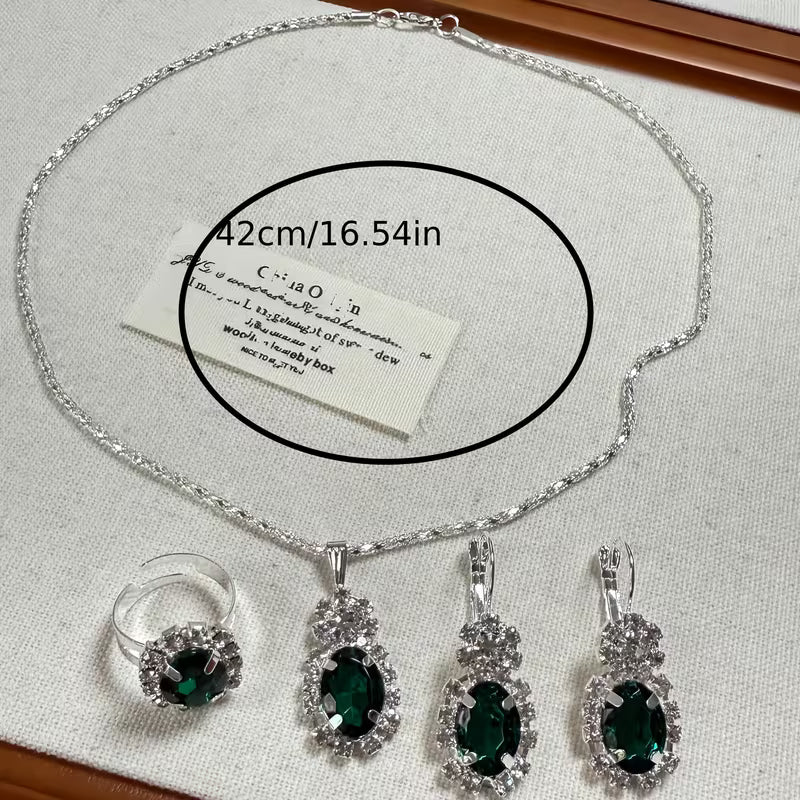 4pcs Exquisite Versatile Fashion Jewelry Rhinestone Silvery Collarbone Chain Earrings Ring Set for Women's Daily and Festive Wear