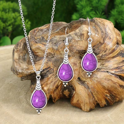 3pcs Bohemian Vintage Style Women's Jewelry Set, Silvery Teardrop Zinc Alloy with Yellow Acrylic Earrings and Necklace Set, Simple and Stylish, Versatile for All Seasons