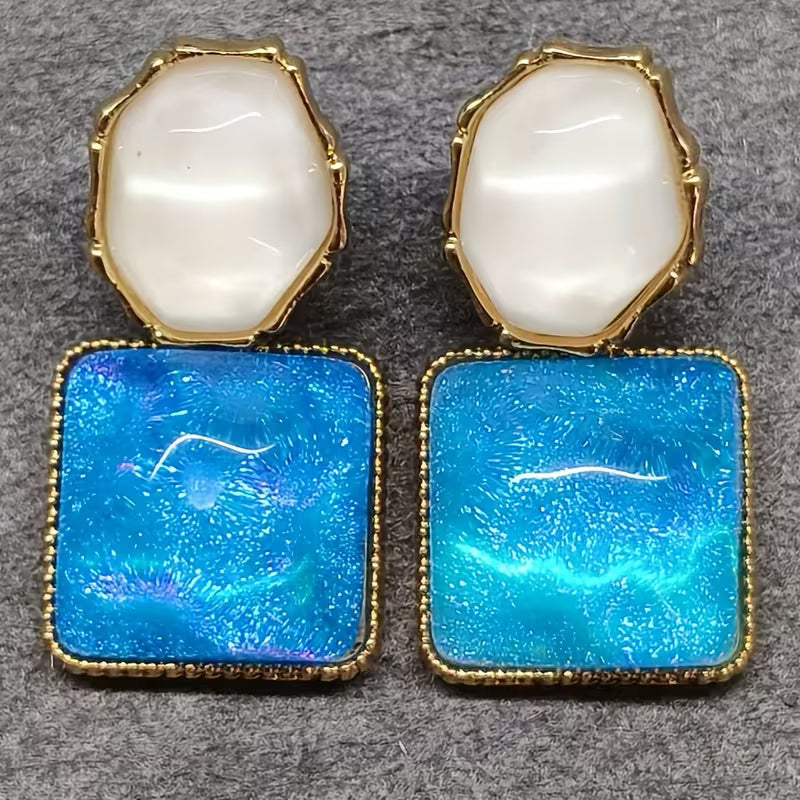 Elegant Boho Chic Irregular Square & Oval Resin Earrings - French-Inspired, Versatile Golden-Tone Dangle Earrings with Stainless Steel Posts for Daily Wear and Parties, Quirky Earring