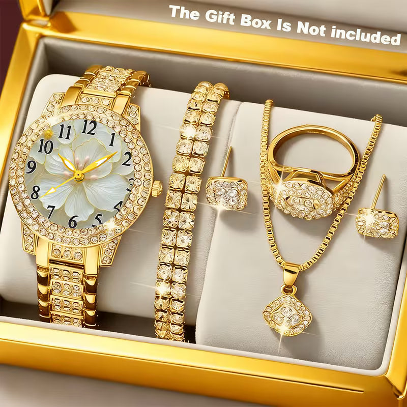 6pcs CAYON Minimalist Quartz Watch & Gift Set - Stainless Shockproof Wristwatch with Matching Necklace, Earrings, Bracelet & Ring - Elegant Digital for Birthdays,, Graduations - Luxury Matching