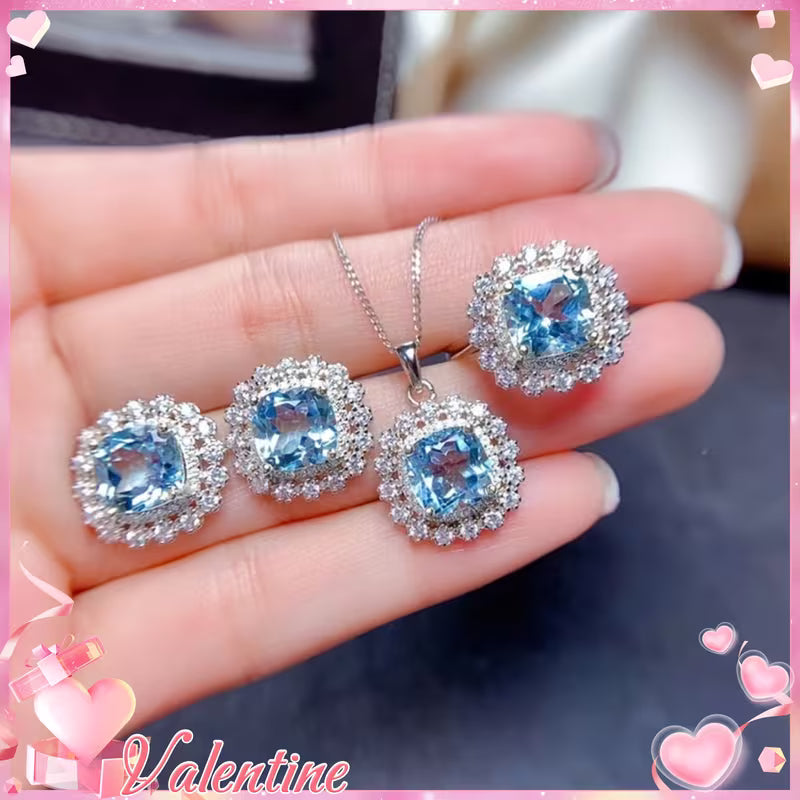 6pcs Sea Blue Princess Square Cut Loose Wedding Party Gift Necklace Pendant Ring Earrings Bracelet DIY Perfect Jewelry Making Set