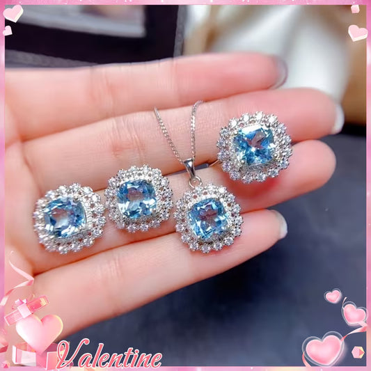 6pcs Sea Blue Princess Square Cut Loose Wedding Party Gift Necklace Pendant Ring Earrings Bracelet DIY Perfect Jewelry Making Set