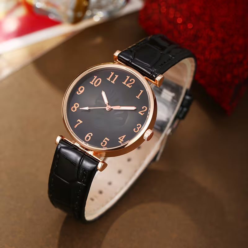 Leaf Digital Dial Women's Watch, Fashionable and Versatile Quartz Wristwatch + Jewelry Four-Piece Set