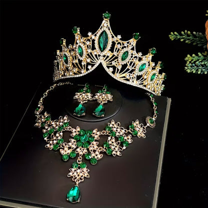 Three-Piece Bridal Crown Set Including a Tiara, Necklace, And Earrings, Perfect for Fairy-Tale Weddings, Photo Shoots, And Parties