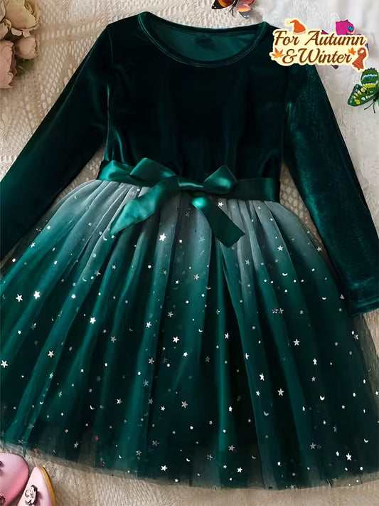 New Autumn And Winter Long-Sleeve Dress for Girls, Korean Style Star Gradient Tulle Princess Dress for Christmas