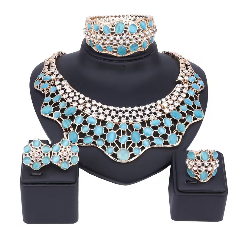 Elegant Jewelry Collection for Women Featuring Faux Cat'S Eye, Rhinestones, And a Golden Necklace, Earrings, Bangle, And Ring, Perfect for Banquets And Proms