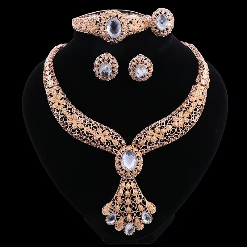Vintage Golden Filigree Jewelry Set with Synthesis Created-Sapphire Artificial Crystal - Necklace Earrings Bangle Ring for Wedding Party Prom Bridal Jewelry Gift