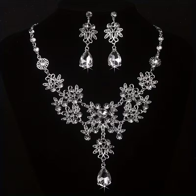 Royal Blue Leaf-Shaped Flower Necklace and Earrings Set for Women, Wedding Chain, Stage Performance Party Hall Necklace