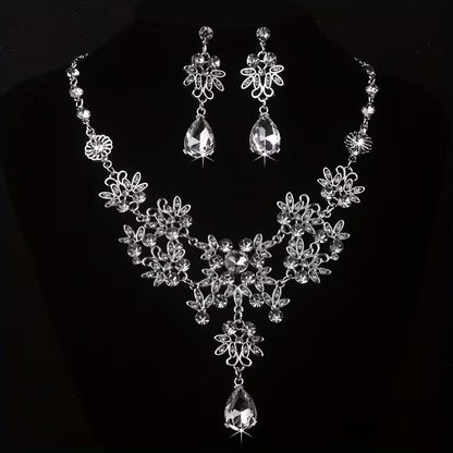 Royal Blue Leaf-Shaped Flower Necklace and Earrings Set for Women, Wedding Chain, Stage Performance Party Hall Necklace