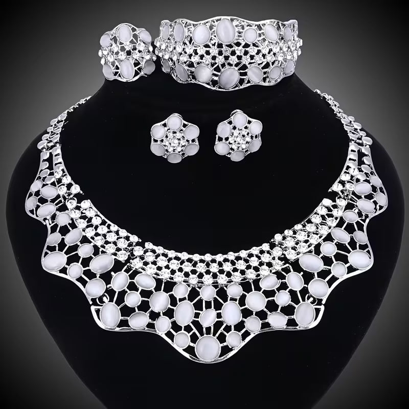 Elegant Jewelry Collection for Women Featuring Faux Cat'S Eye, Rhinestones, And a Golden Necklace, Earrings, Bangle, And Ring, Perfect for Banquets And Proms