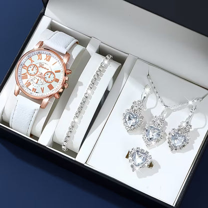 1pc Set of Fashionable Women'S Sky Blue Roman Quartz UP Faux Leather Watch And 5pcs of Heart Sky Blue Accessories Set. Eid, Valentine'S Day, Easter Gift for Mom