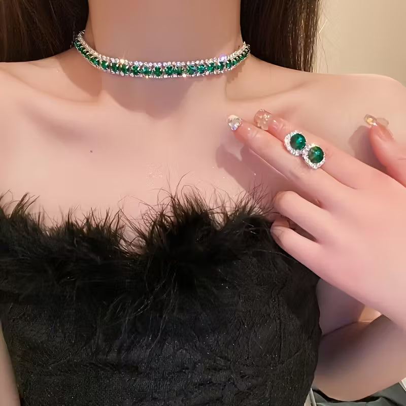 Luxury Green Necklace and Earrings Set, Sexy & Simple Style, Fashion Jewelry for Women, Elegant Evening Party Accessories Gifts for Eid
