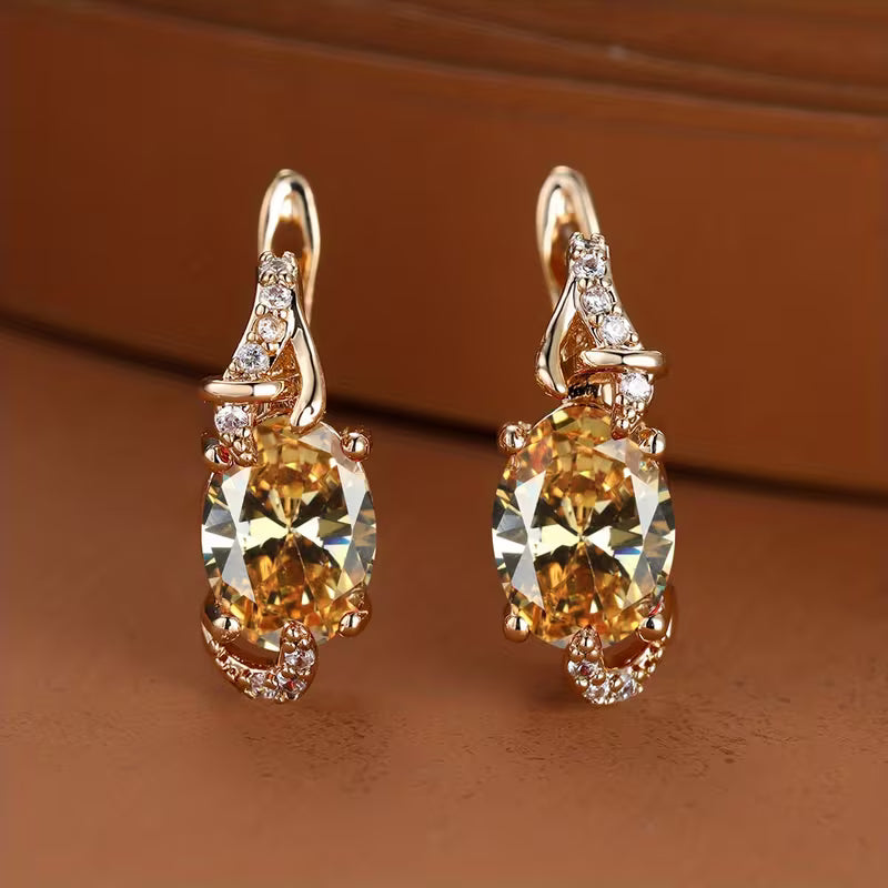18K Gold Plated Blue Stone Stud Earrings Trendy Women Round Oval Cut White Blue Red Pink Stone Drop Earrings Anniversary Claw Earrings Jewelry