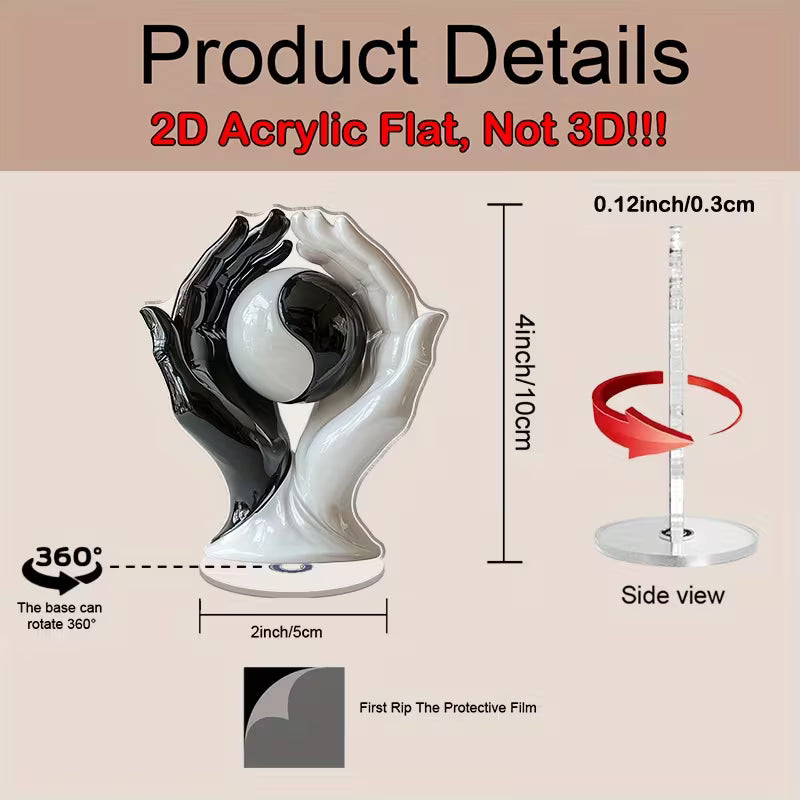 2D Flat, 2Dflat2D Flat Rotating Acrylic Desktop Decoration- Black and White Glossy Ceramic Yin Yang Handheld Ornament, 360 ° Rotating Base, No Power Required Meditation Home Office Relaxation and International Peace Day Decorations, 2D Flat