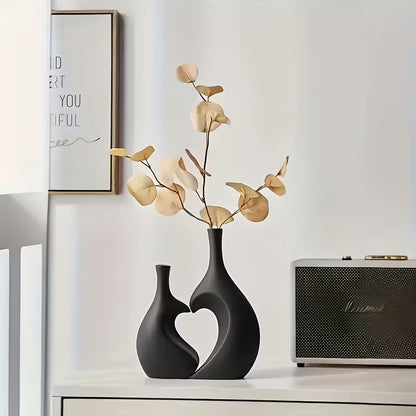 2pcs Modern Bohemian Black & White Bell Vase Set with Heart Decor - Plastic Flower Vases for Home, Wedding, Table Centerpiece - Bell-Shaped Vase & Heart Accent, Easy Assembly with Real/Dry Flowers, Space-Saving Decorative Vase Combo Gift