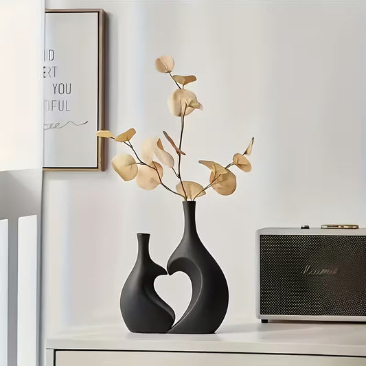 2pcs Modern Bohemian Black & White Bell Vase Set with Heart Decor - Plastic Flower Vases for Home, Wedding, Table Centerpiece - Bell-Shaped Vase & Heart Accent, Easy Assembly with Real/Dry Flowers, Space-Saving Decorative Vase Combo Gift