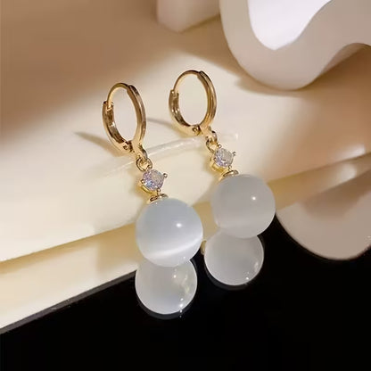1PAIR Elegant White Faux Cat Eye Stone Earrings for Women | Delicate Design, Lightweight, Comfortable Wear, KC Golden Plated, 925 Silver Ear Needle, Perfect Gift for Style Lovers