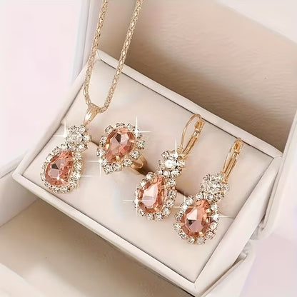 Colorful Water Drop 4pcs Jewelry Set! Made of Stainless Steel Rhinestones, This Necklace, Earring, and Ring Combination Is Perfect for Holiday Gifts