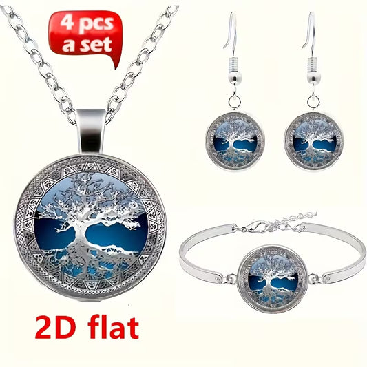 2D Flat, 2D flat Fashion Charms Celtic Tree of Life Glass alloy Cabochon Necklace & Earrings & Bangle Set(Totally 4pcs) Jewelry Necklace Stud Earrings Bracelet Bangle Set for Women's Jewelry Creative Gifts, 2D Flat
