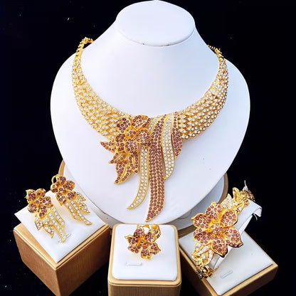 5pcs Women's Jewelry Set Elegant Floral & Leaf Multicolor Sparkling Necklace, Earrings, Bracelet & Adjustable Ring for Wedding, Party, Valentine's Gift - Year-Round Wearable for Special Occasions, Complete Matching Set