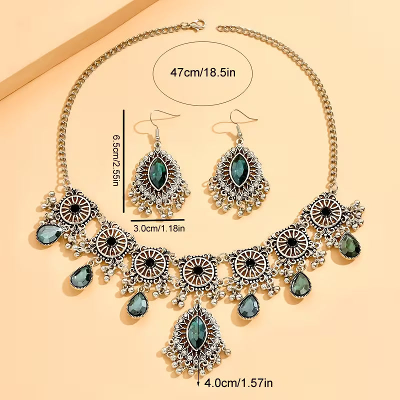 A Vintage Hollow Drop Tassel Jewelry Set Featuring an Exaggerated Necklace And Earrings with a Middle Eastern Ethnic Style in Western Fashion