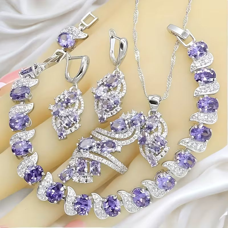 Luxury Elegant 5pcs Jewelry Set for Teenager, Purple Stone Ring, Earrings, Necklace, Bracelet, High-Quality Synthetic Synthetic Zircon for Wedding & Banquet, Hypoallergenic, Mother'S Day gift, Valentine'S Gift, Universal Season Fit, For Teenager
