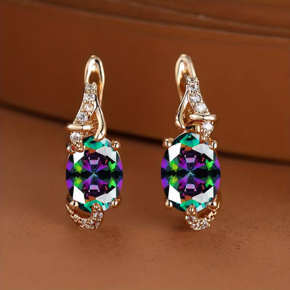 18K Gold Plated Blue Stone Stud Earrings Trendy Women Round Oval Cut White Blue Red Pink Stone Drop Earrings Anniversary Claw Earrings Jewelry