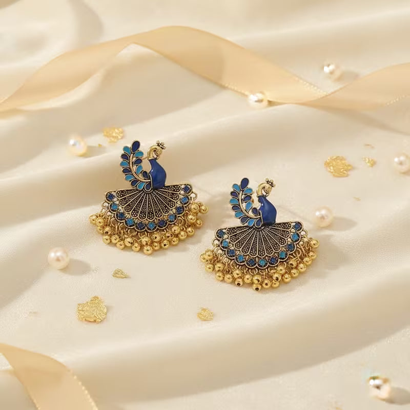 A Pair of Jhumka Peacock Earrings with Bells And Tassels, Stylish And Vintage Additions Suitable for Women to Wear Daily, During Festivals, Weddings, And Parties, Or As Jewelry Gifts