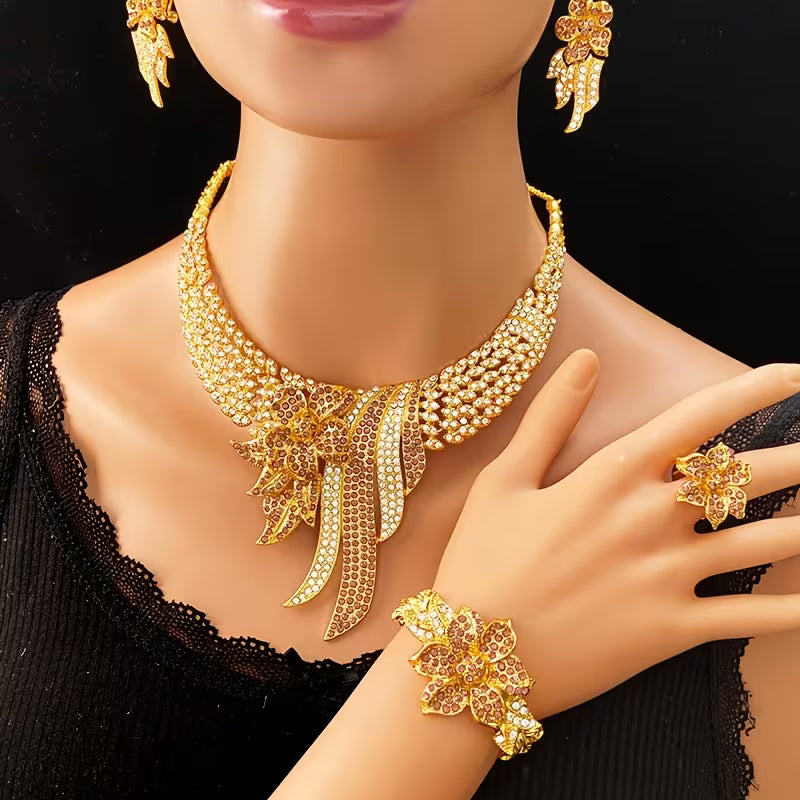 5pcs Women's Jewelry Set Elegant Floral & Leaf Multicolor Sparkling Necklace, Earrings, Bracelet & Adjustable Ring for Wedding, Party, Valentine's Gift - Year-Round Wearable for Special Occasions, Complete Matching Set