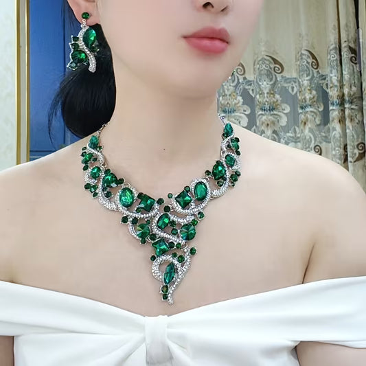 3pcs set of green and blue necklace and earrings, stylish and luxurious, suitable for daily gifts and various live ceremonies, party accessories for women.