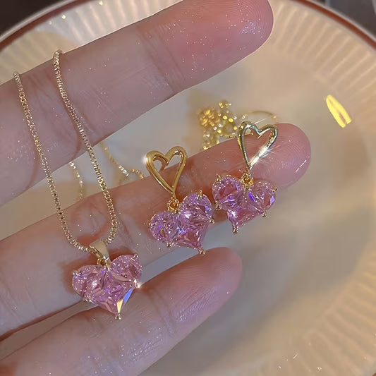 A Set of 3 Y2K Heart-Shaped Earrings And Necklace for Women, Perfect for Everyday Wear, Dates, Vacations, And Parties