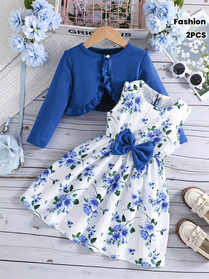 Girls' Autumn/Winter Cardigan Jacket and Vest Print Dress 2pcs Set for Back-to-School Campus Fashion