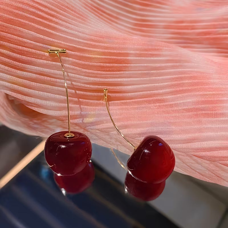 Elegant Burgundy Long Cherry Earrings for Women - Chic Resin & Alloy Fashion Accessory