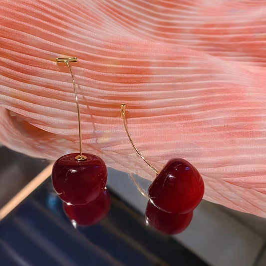 Elegant Burgundy Long Cherry Earrings for Women - Chic Resin & Alloy Fashion Accessory