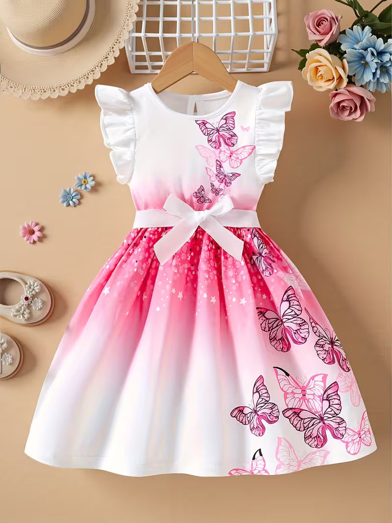 Girls' Fashion Round-neck Flutter-sleeve Ruffle Butterfly Print Princess-style Gradient Butterfly Dress, Suitable for Holidays, Vacations, and the Beach