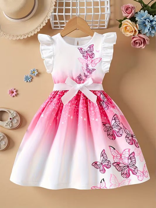 Girls' Fashion Round-neck Flutter-sleeve Ruffle Butterfly Print Princess-style Gradient Butterfly Dress, Suitable for Holidays, Vacations, and the Beach