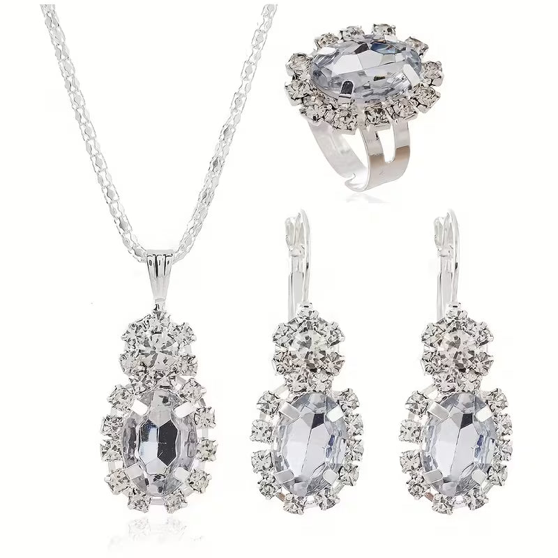 4pcs Exquisite Versatile Fashion Jewelry Rhinestone Silvery Collarbone Chain Earrings Ring Set for Women's Daily and Festive Wear