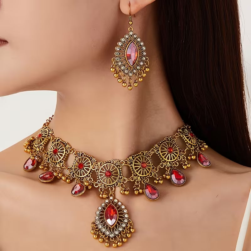 A Vintage Hollow Drop Tassel Jewelry Set Featuring an Exaggerated Necklace And Earrings with a Middle Eastern Ethnic Style in Western Fashion